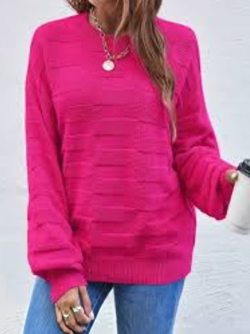 SHEIN Fuchsia Crewneck Textured Knit Sweater